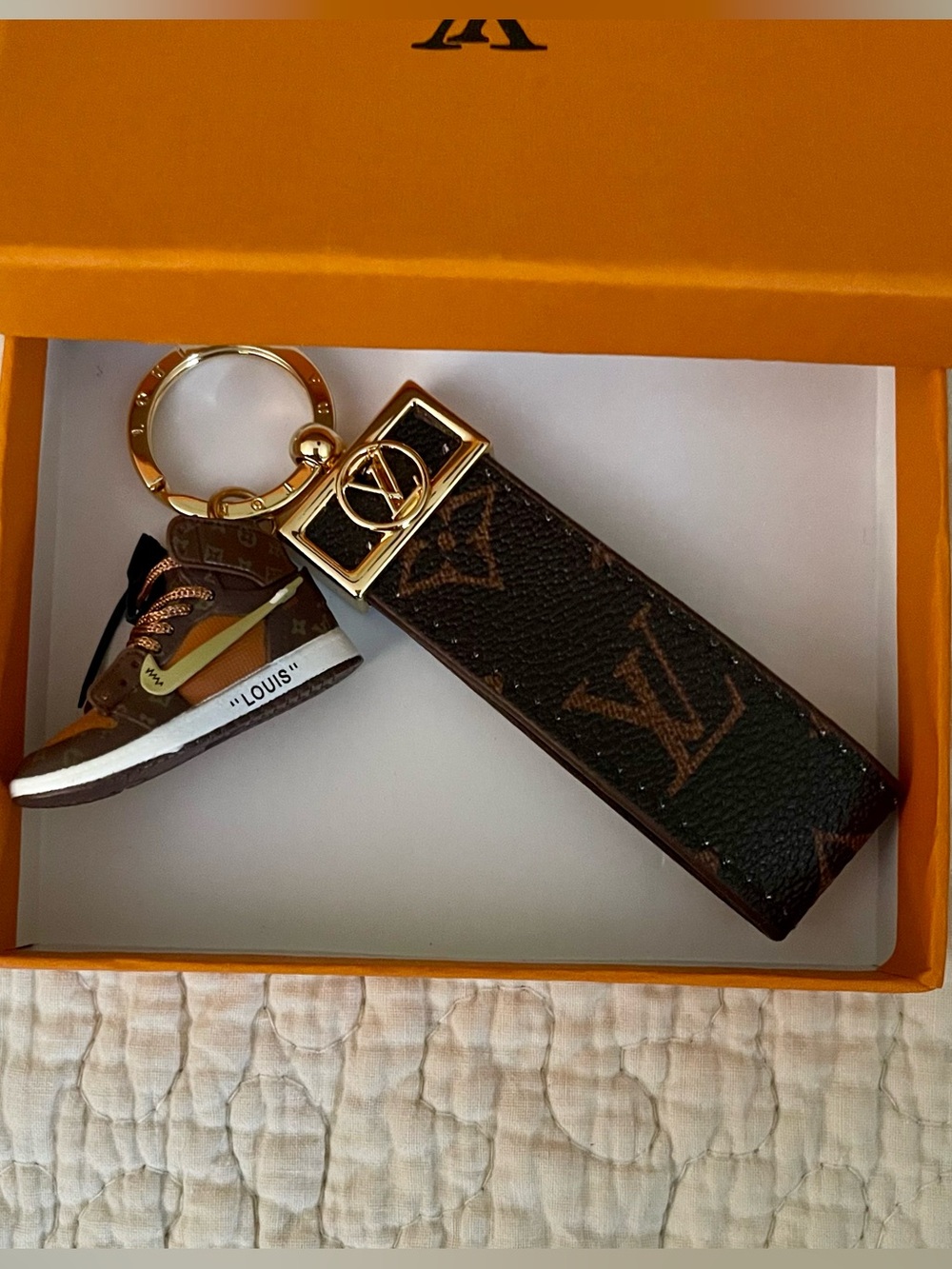 Designer - Inspired Brown Monogram Key Holder with Sneaker Charm